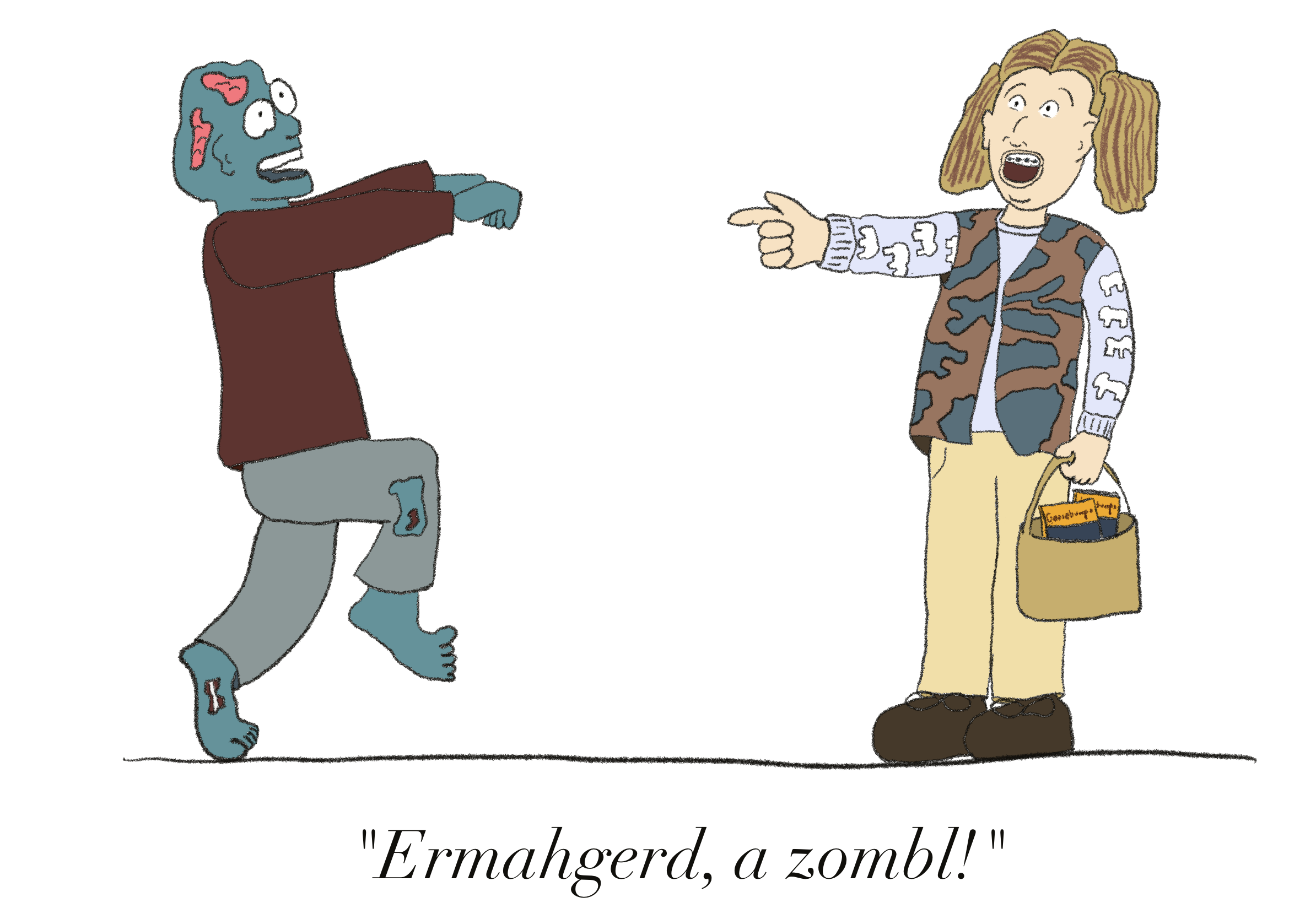 A zombie shambles towards a girl with braces and a pony tail (the 'ermahgerd') girl. Caption: "Ermahgerd, a zombl!"