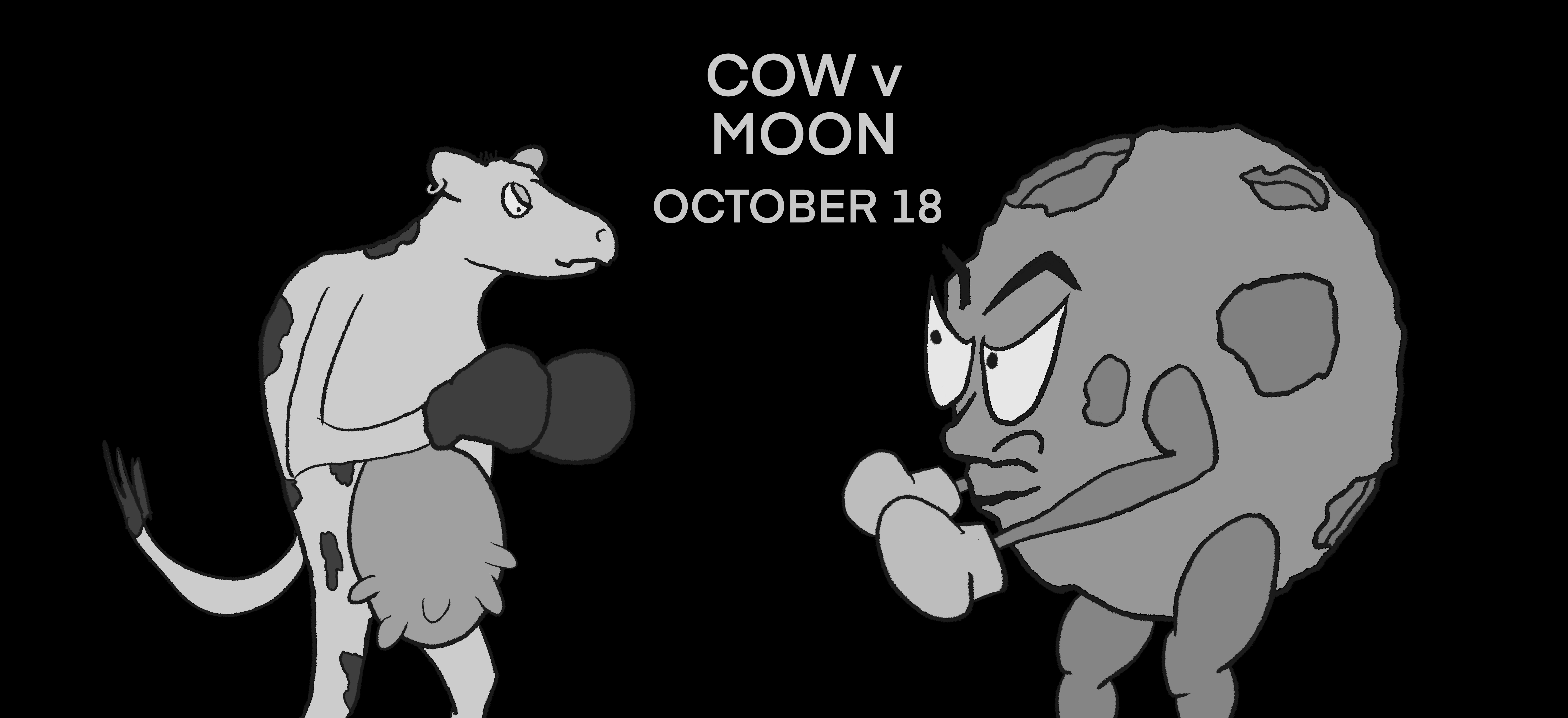 An anthropomorphic cow stands facing an anthropomorphic moon, in the style of a UFC fight poster