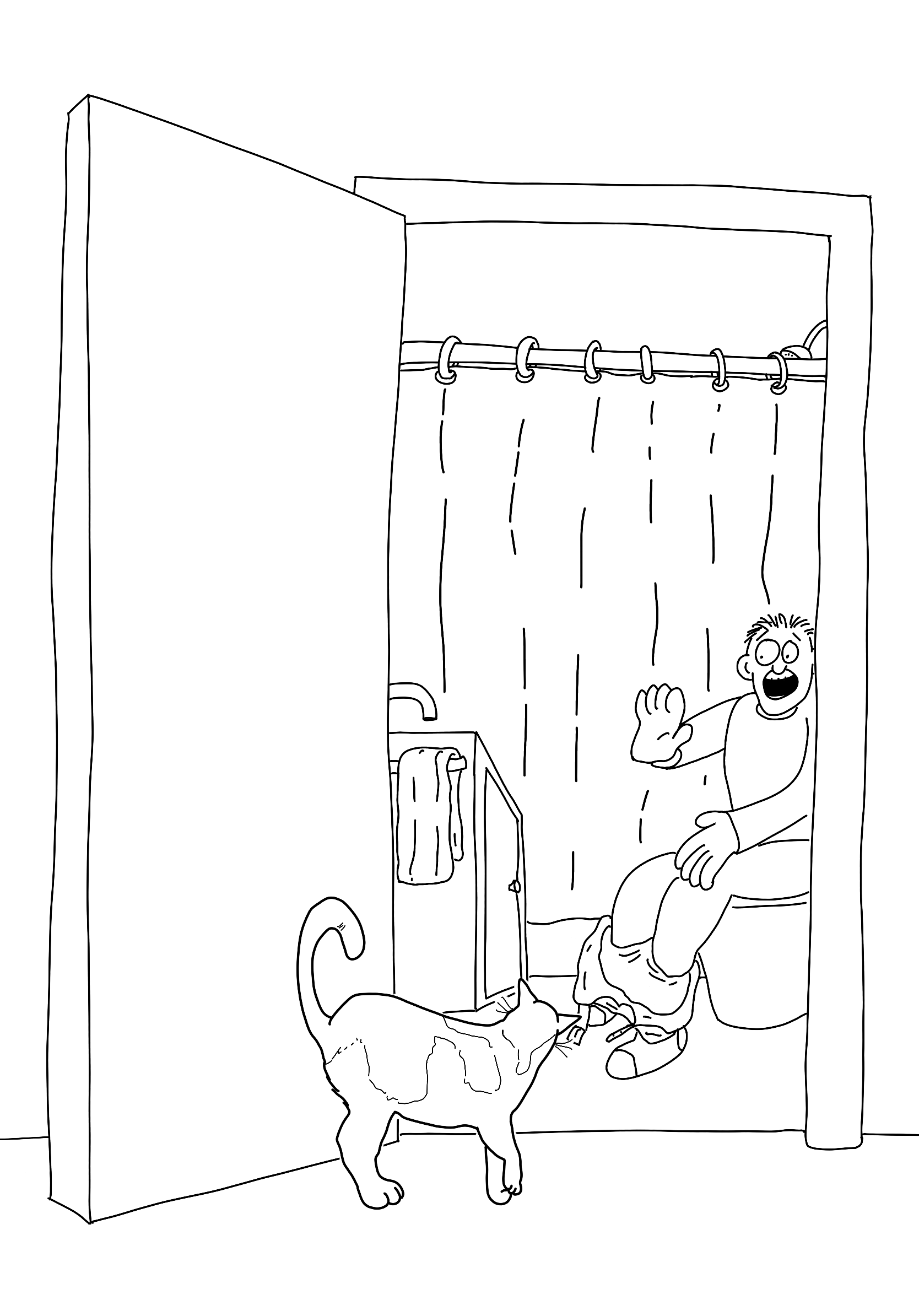 A man is on the toilet in the bathroom with a shocked expression and his hands up towards viewer. A cat is walking towards him having opened the door.