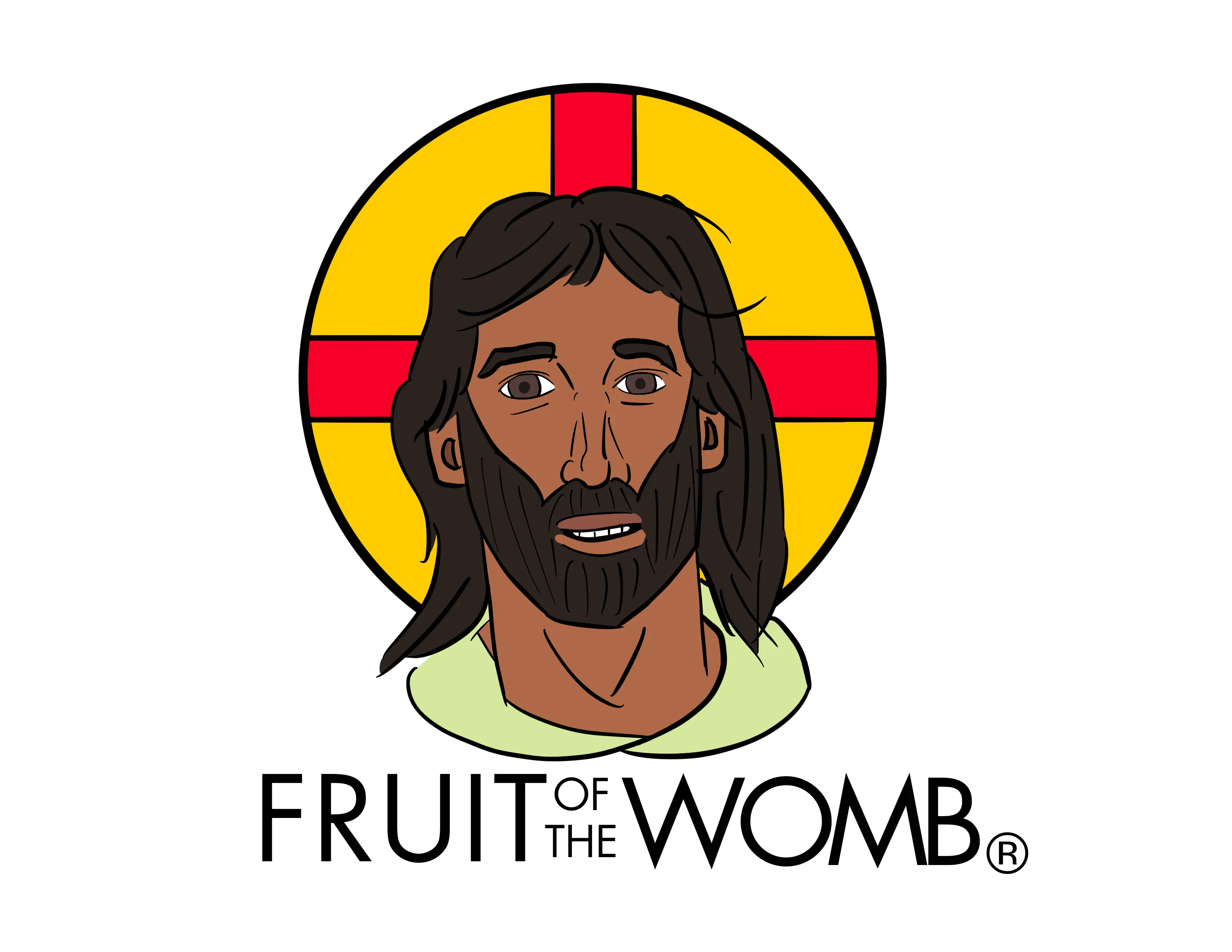 Jesus' face with a halo. Below it, in the Fruit of the Loom font, "Fruit of the Womb"