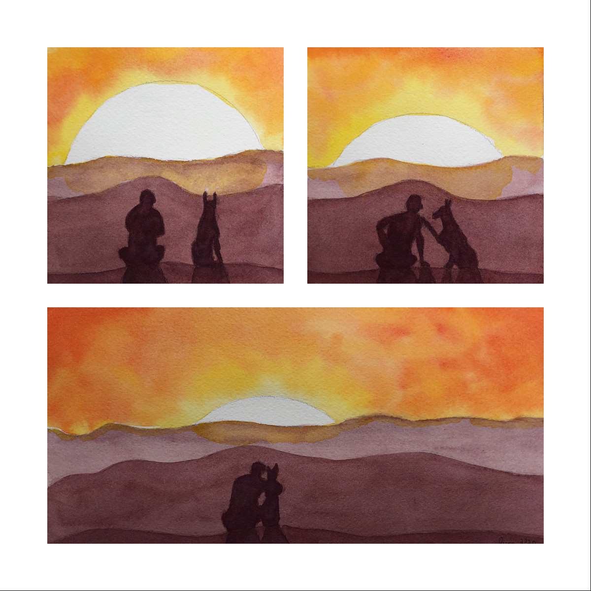 Watercolor with 3 panels. Two figures in foreground of each panel - a man and dog in silhouette; sunset in the background. Panel 1 - the owner and dog are somewhat far apart. Looking away from each other. Panel 2 - the dog paws at the owner; owner turns to look. Panel 3 - the owner hugs the dog close. In each panel the sun sinks further over the horizon