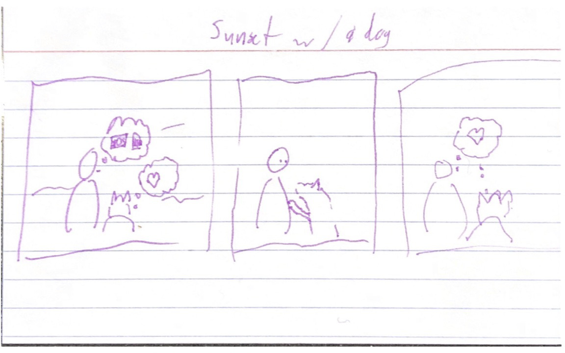 Index card with 3 sketches; dog and owner in each. Panel 1 - owner has thought bubble with money + tombstone; dog has thought bubble with heart. Panel 2 - dog paws at owner. Panel 3 - both dog and owner share same thought bubble, with heart in it.