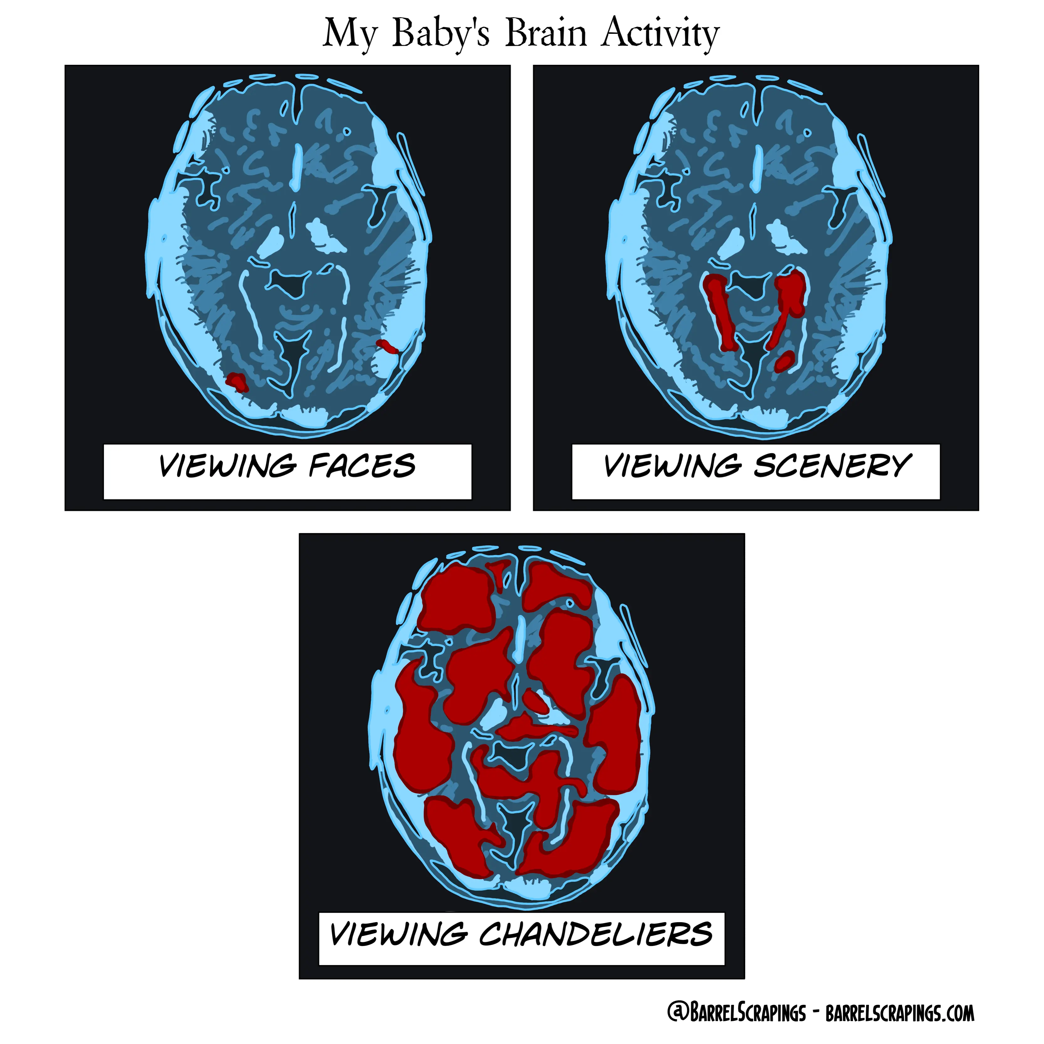 3 brain scans. Scan one, captioned “Viewing faces” - small brain activity. Scan two, captioned “Viewing scenery” - slightly more brain activity. Scan three, captioned “Viewing chandeliers” - huge brain activity.