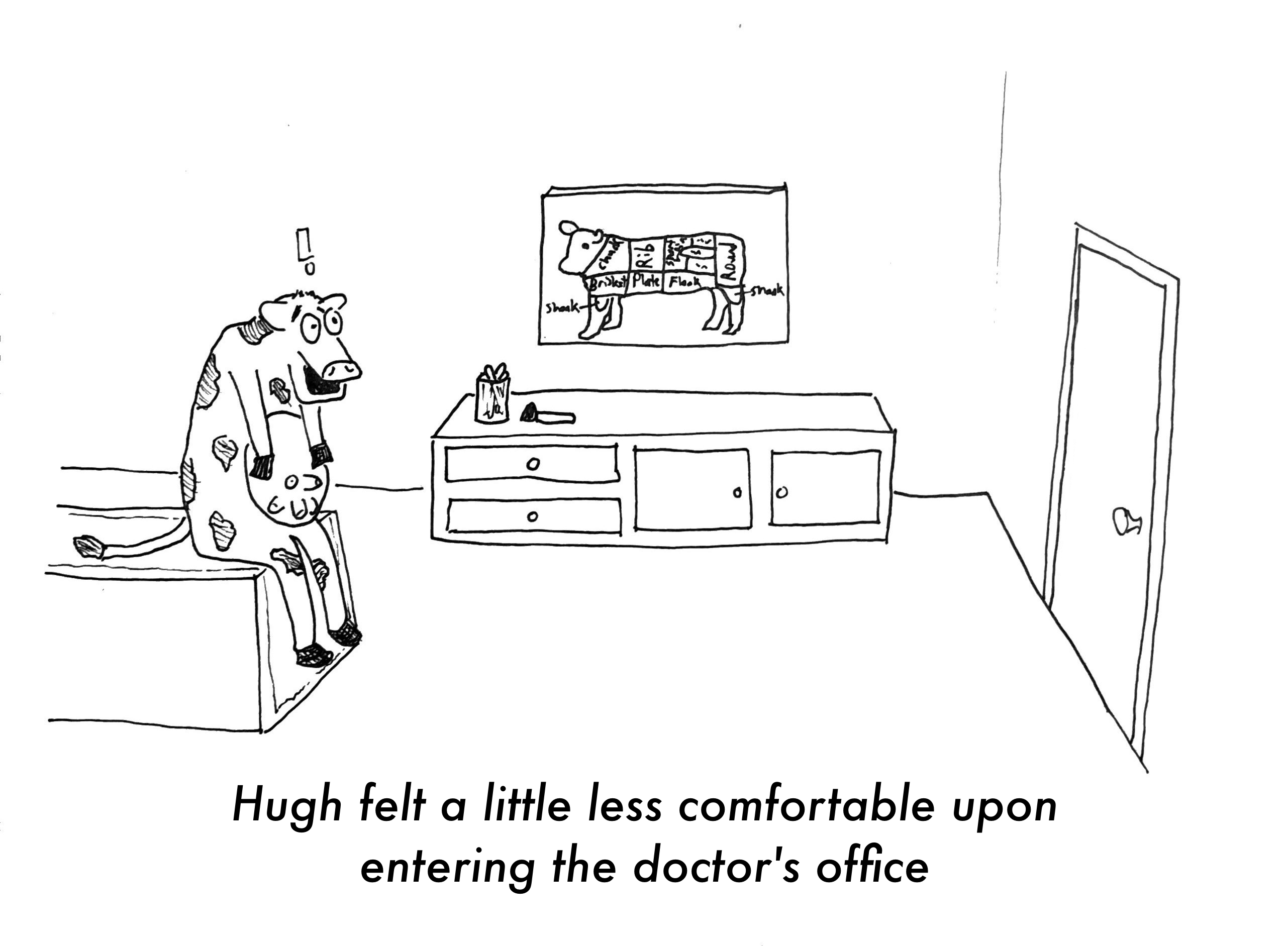 A cow sits on the edge of an examination table in a doctor’s office. In the background is a diagram of the cuts of meat of a cow. The cow has an exclamation point and shocked expression. Caption: “Hugh felt a little less comfortable upon entering the doctor’s office”