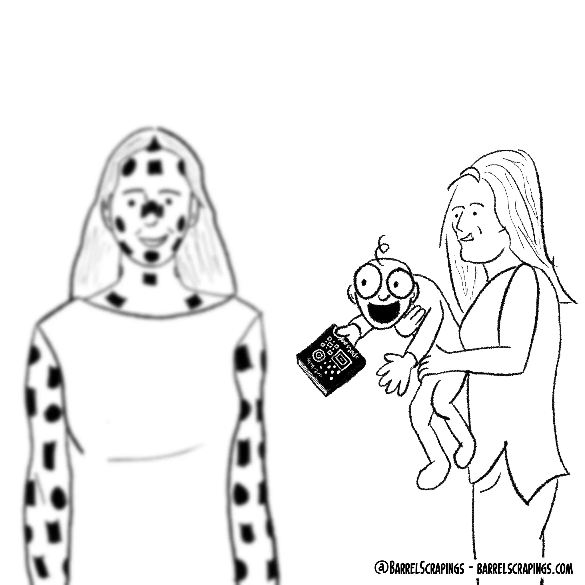 Distracted boyfriend meme, but the boyfriend is a baby who is super excited to see the woman in the foreground is covered in spots and dots. In his hand, you can see a copy of “Spots and Dots” book.