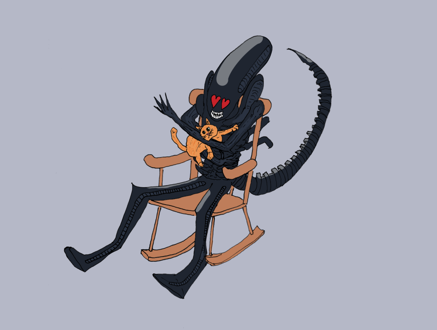 Xenomorph from Alien sits in a rocking chair, cuddling an orange cat